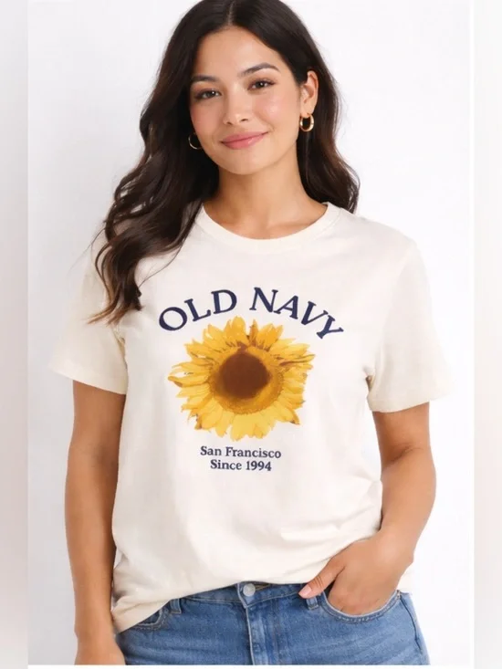 Old Navy Sunflower Graphic Tee Large Cream Yellow Floral San Francisco 1994 - Picture 3 of 8